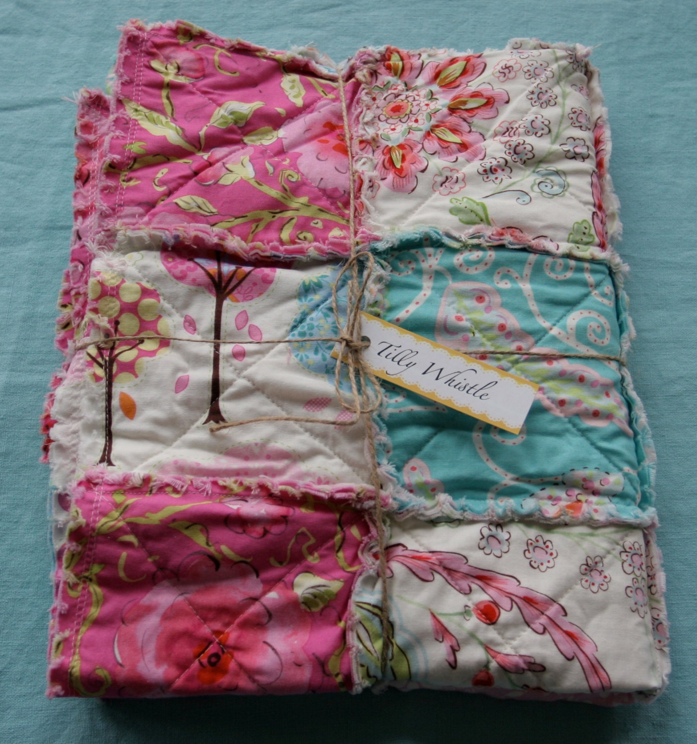 Cotton Rag Quilt for Baby Girl Pink Aqua and Cream