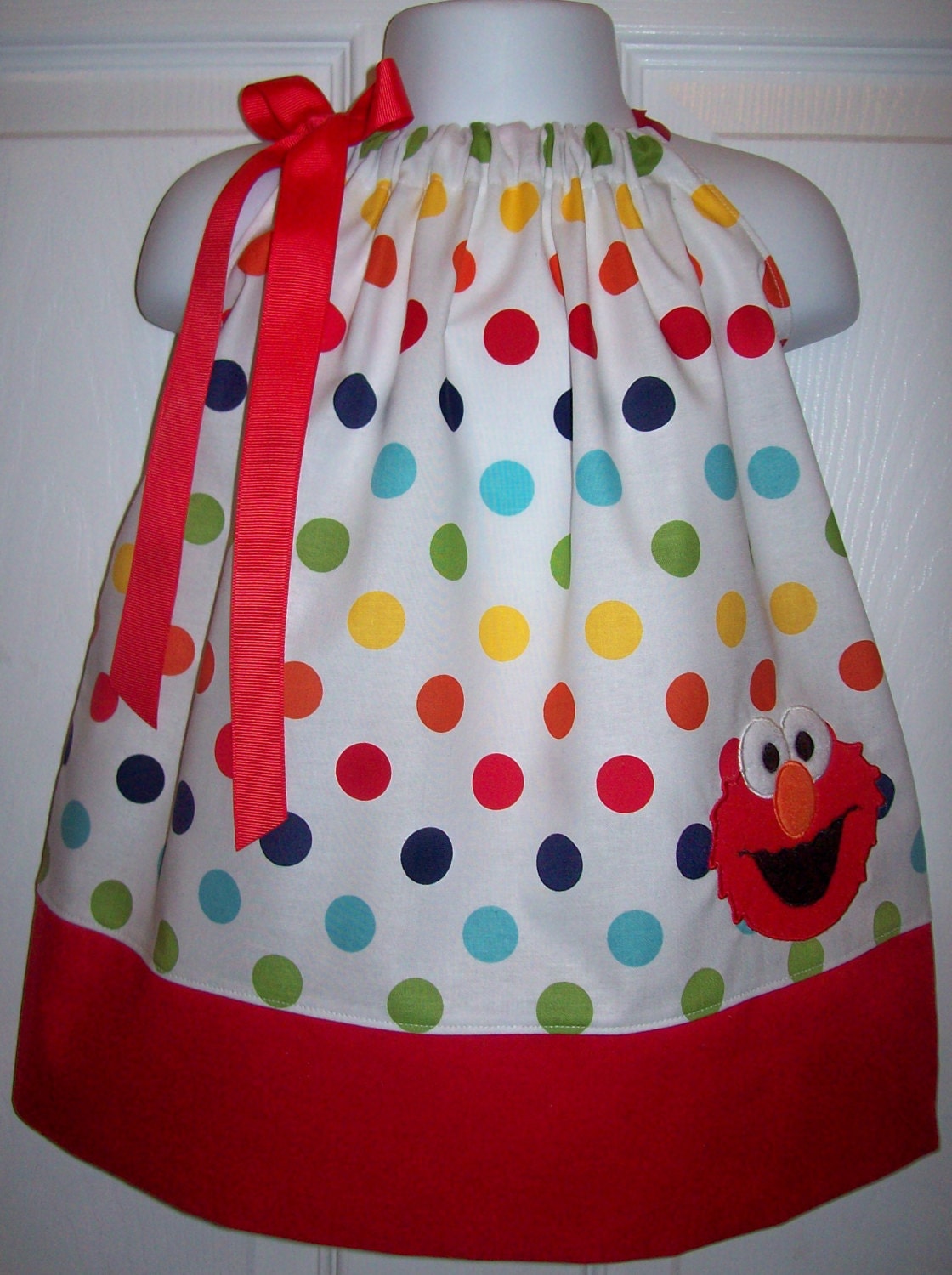 Elmo Pillowcase Dress White with Primary Rainbow Dots Perfect for Birthday