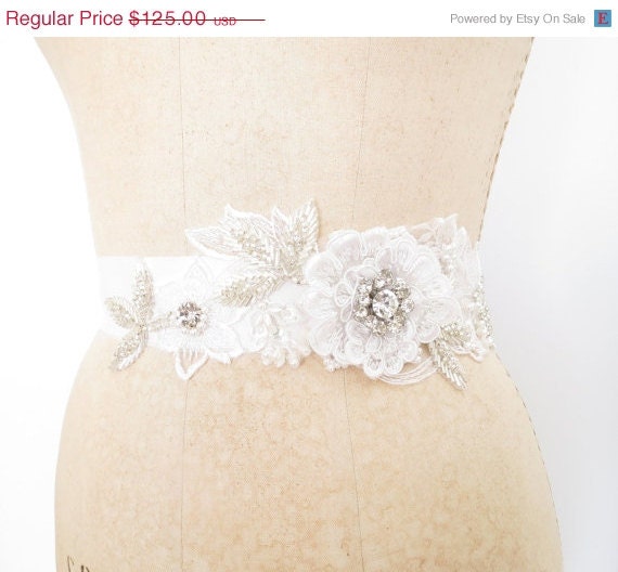 20% OFF Rhinestone Bridal Sash with Sheer Flowers, Iridescent Sequins and Rhinestones in White MADE to ORDER