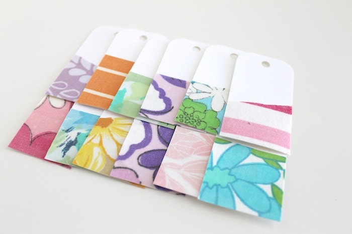 Vintage Fabric Covered Shipping - Gift - Hang Tags Small 12 pack - Blue, Pink, Purple, Yellow, Orange, Green