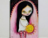 whimsical pink painting folk art painting whimsical art  mixed media original painting 13x18 cms artist board - little ray of sunshine