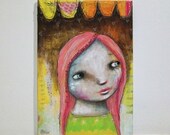 folk art Original painting whimsical painting mixed media art whimsical art girl painting A5 canvas board - Embraced
