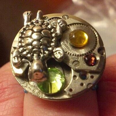 Into the Sea - filigree and watch movement ring, with rhinestones and turtle charm
