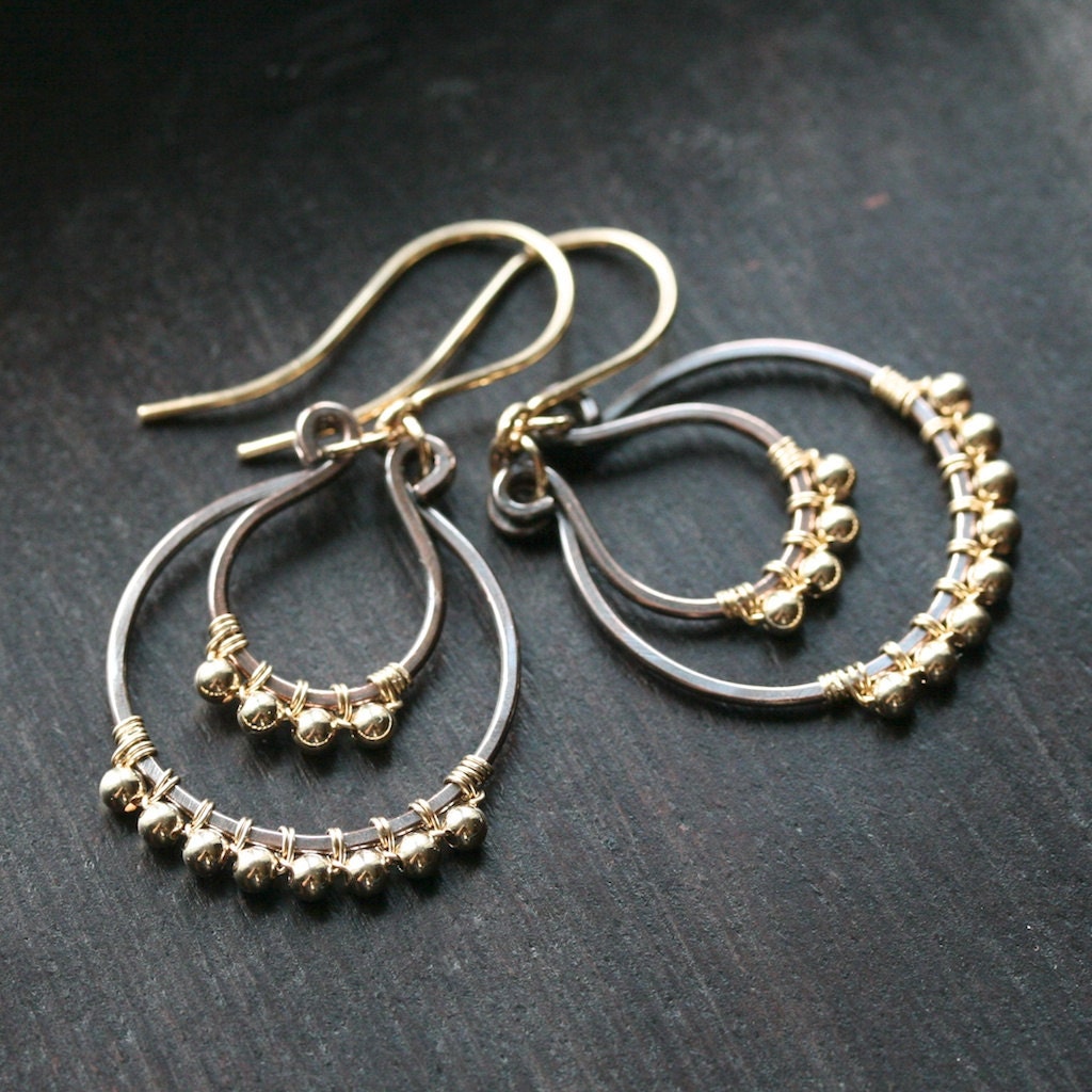 Handmade chandelier earrings, oxidized copper, gold filled, mixed metal, wire wrapped, beaded, dangle, drop, Mimi Michele Jewelry