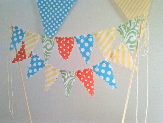 Cake topper Bunting Flags Coral, Yellow, Aqua and Sage Il_570xn