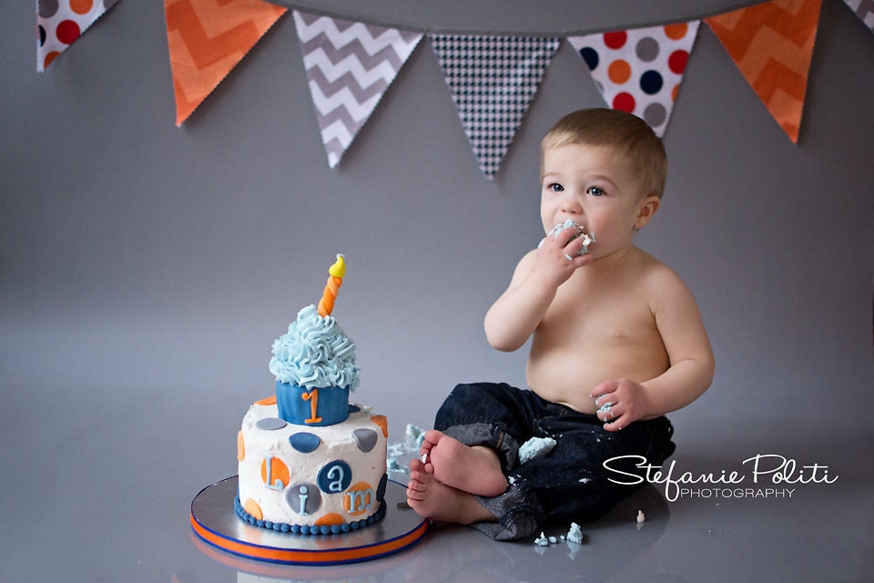 Bunting Flags Fabric Decoration Chevron, Stripes, Giant Dots, Navy, Orange, Grey Il_570xn