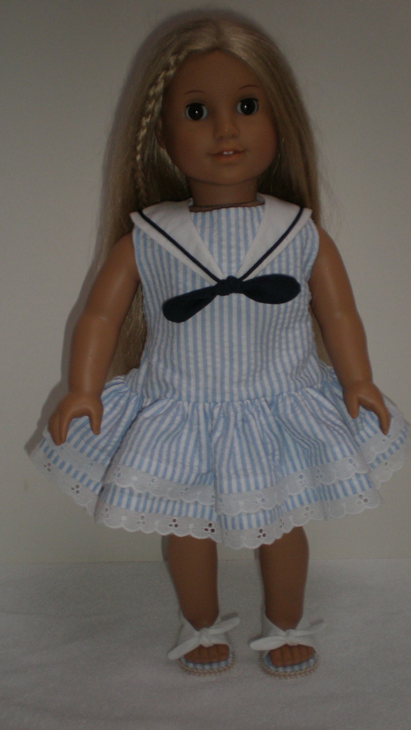 BLUE & WHITE STRIPED Ruffle Skirted Dress American Girl 18 inch doll