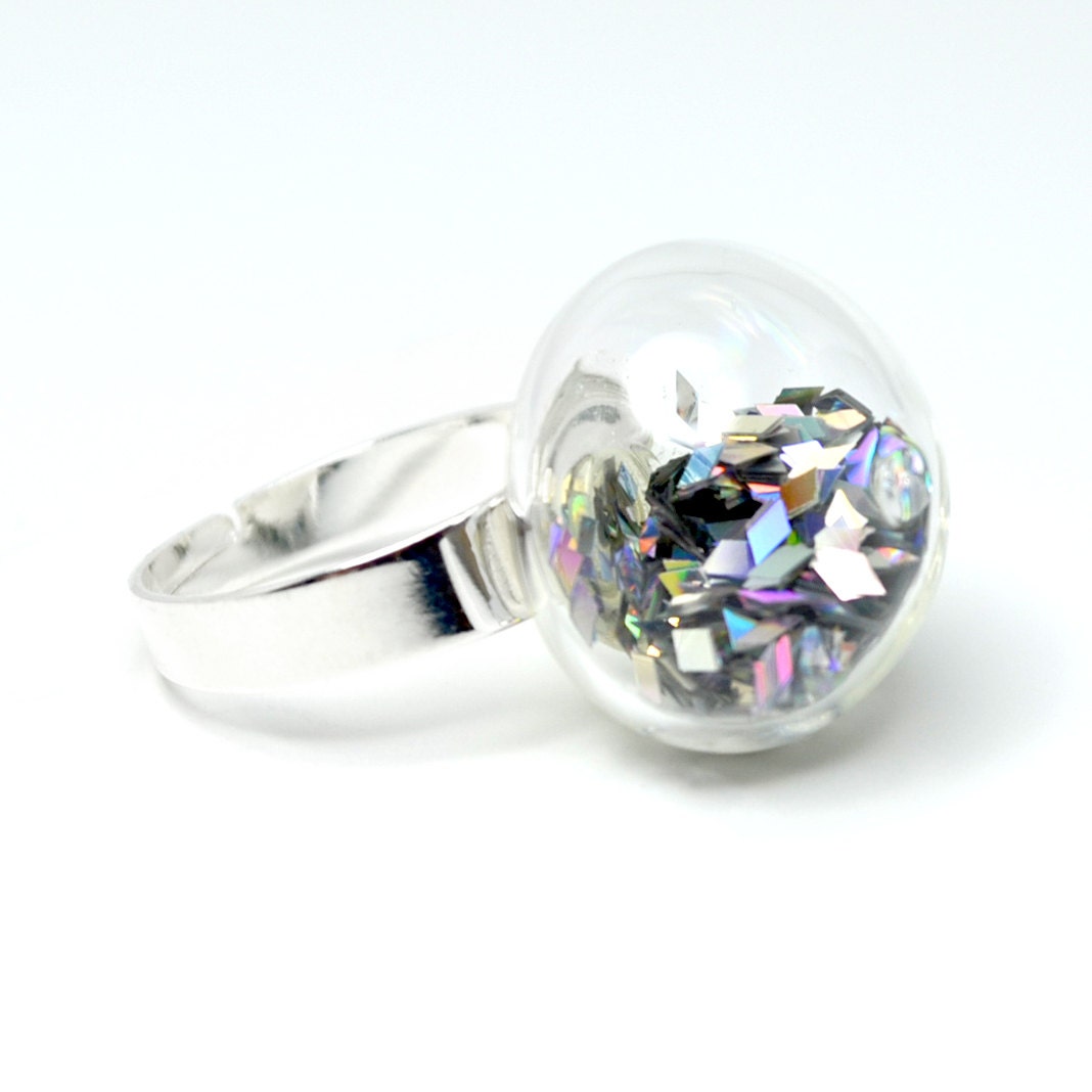 Prism glitter in hand blown glass adjustable ring.