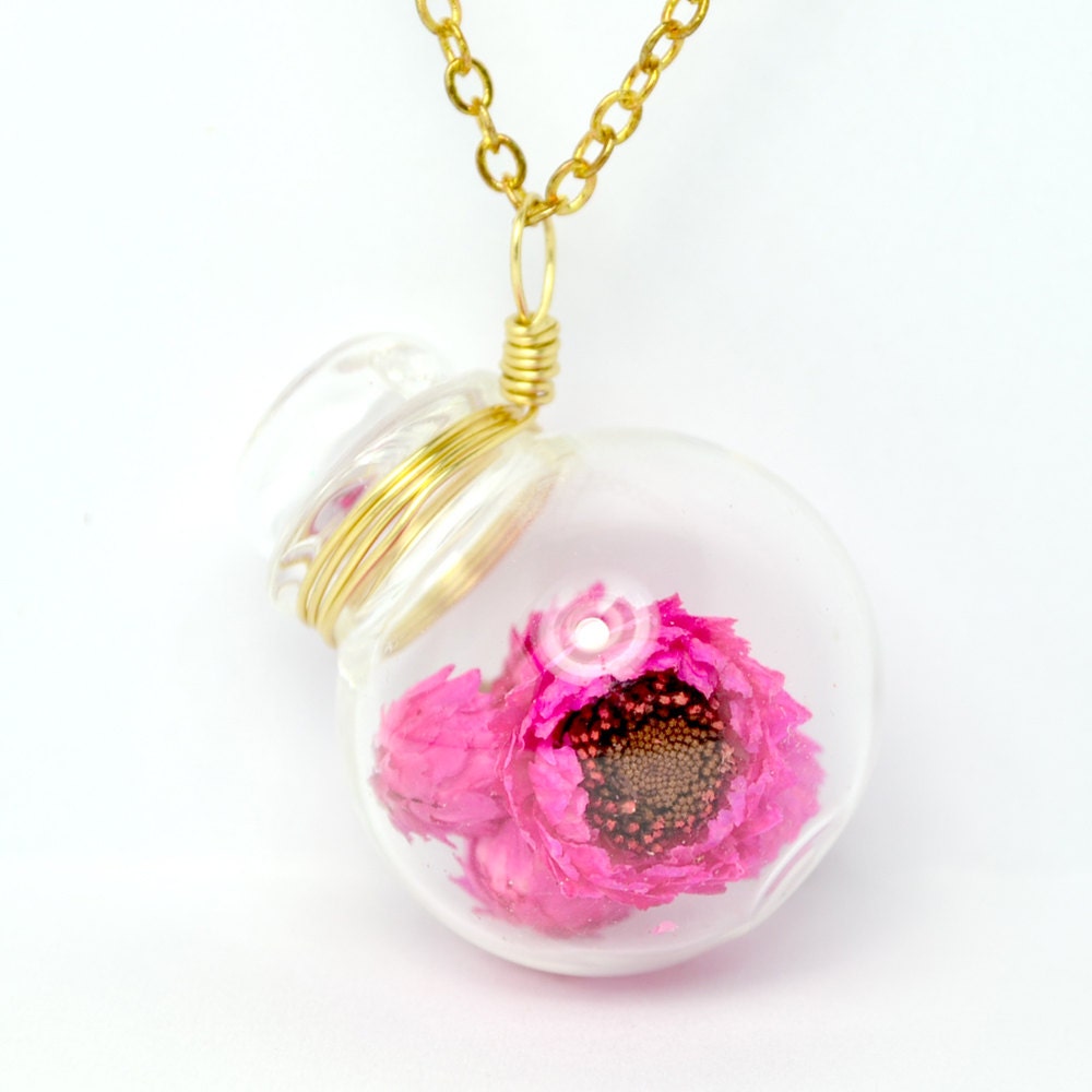 Pink dried flower in blown glass jar long necklace