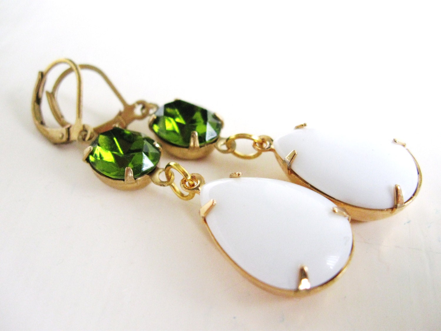 Olivine green and White Vintage Glass Jewels in Brass  - Estate Jewelry - Wedding Bridal Earrings