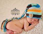 Striped Elf Hat, Baby Boy Hat, Newborn Photo Prop, Aqua, Taupe, Brown, Coconut Button, Organic Baby, Crochet