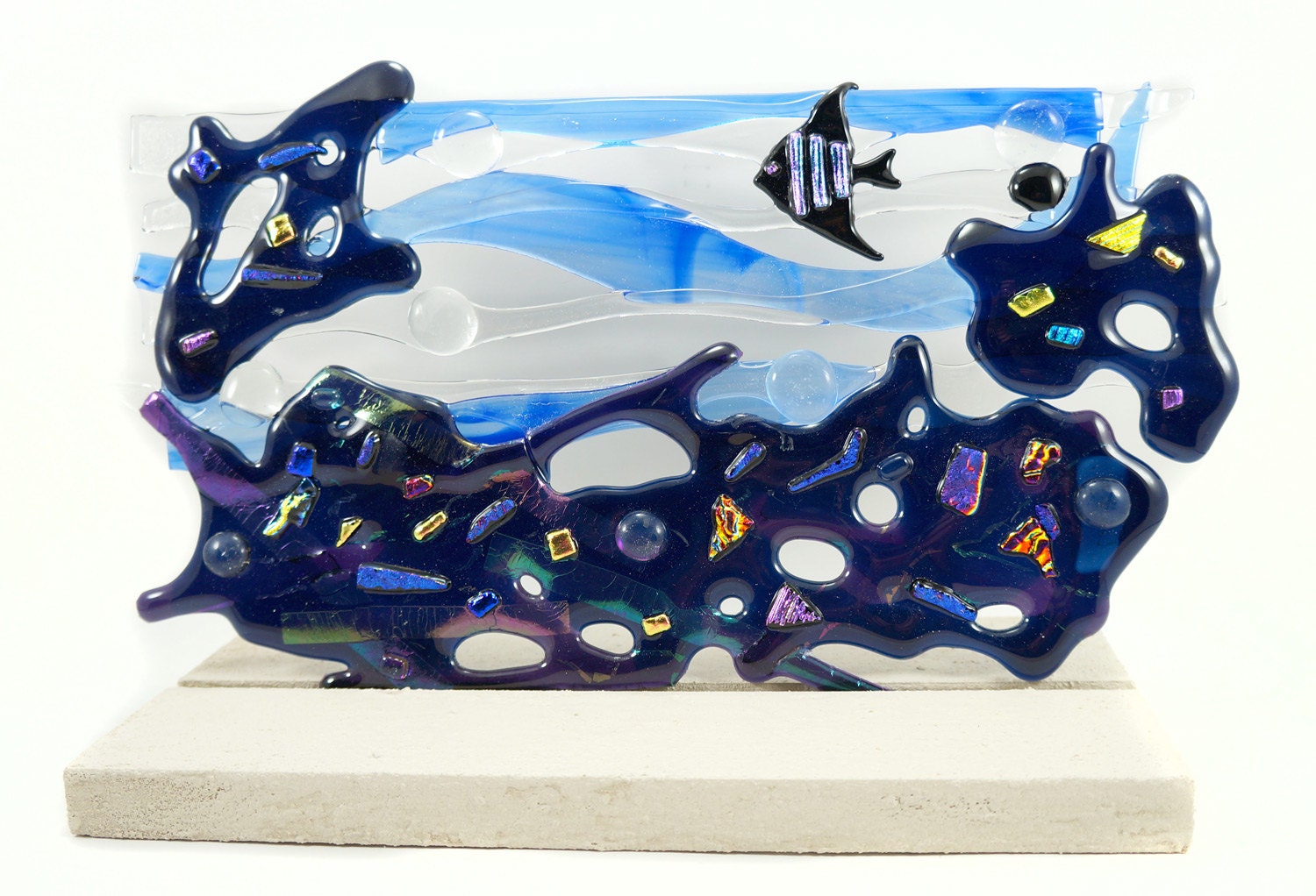 Handmade Fused Stained Glass Abstract Art Table Sculpture Ocean Scene Shades of Blue