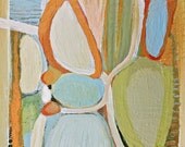 Original Painting on Wood --6x6"-Springing- Lt. Blue with Oranges-Greens-Avocado-Cream- White and a bit of Black and Bright Orange