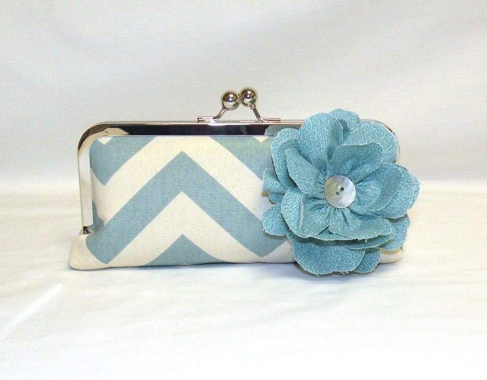 Chevron Clutch with Flower in Aqua and Natural/Cream and a Nickel Free Kisslock Frame