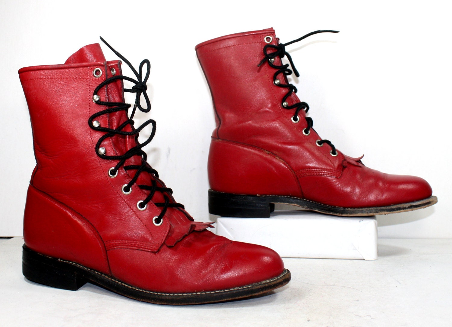 Vintage grunge granny combat barn boot riding womens red justin cowboy western oxford pixie lace up 8 M B