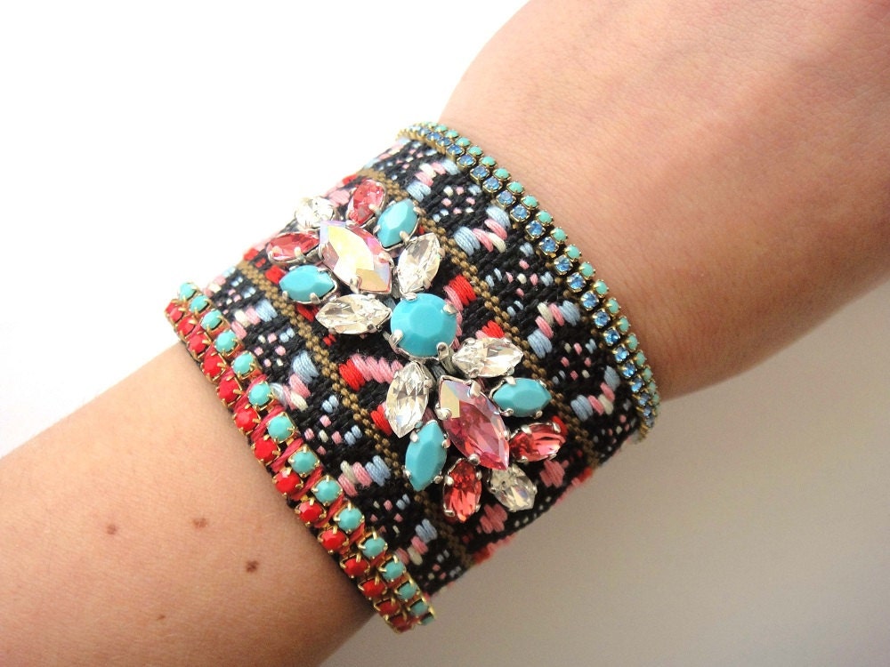 Ultra wide ethnic style handembroidered Swarovski cuff - Aztec jewelry in turquoise and dark red coral - hippie cuff - statement jewelry