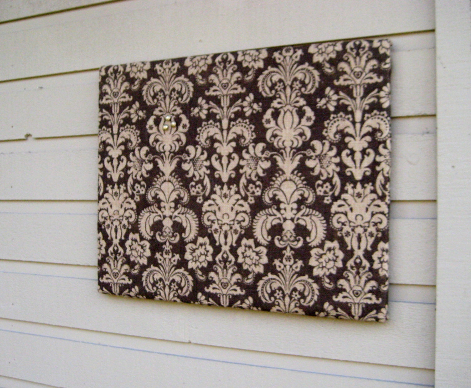 Damask Burlap Bulletin Board for your Rustic Wedding, office, kitchen or bedroom -  Natural burlap, Dark Brown with Tan damask pattern