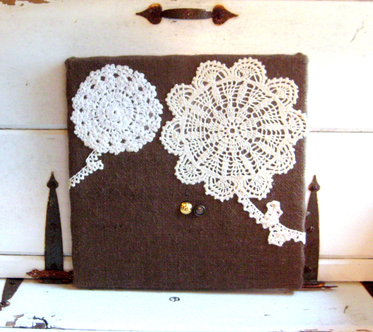 Bulletin Board made from Burlap and vintage embroidered doilies, Photo Memory Board in a rustic country style