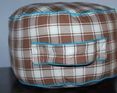 Kids Floor Cushion, Childrens Pouf Ottoman, Childs Pillow, Brown and Aqua Plaid Fabric with Aqua Piping