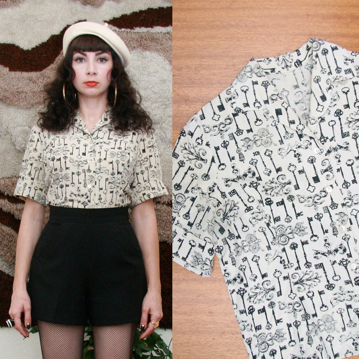 Vintage 50s 60s Key Print Blouse Large