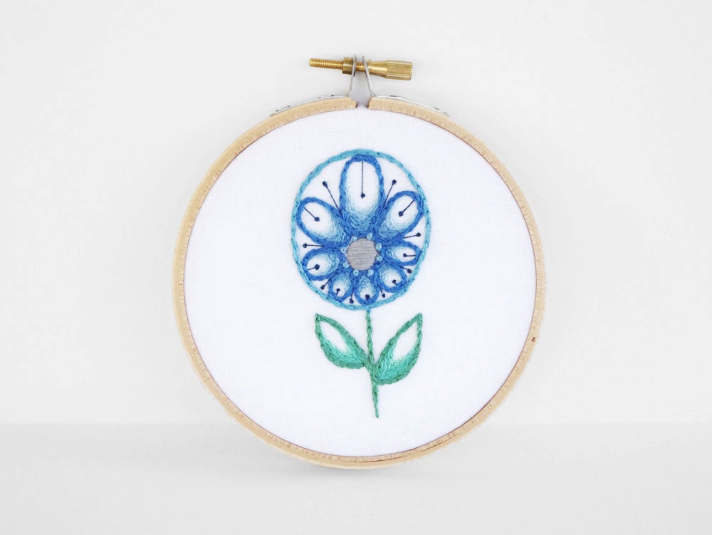 Embroidered Abstract Flower in Navy, Sky Blue, and Green - 4 inch Embroidery Hoop Floral Fiber Art for Summer