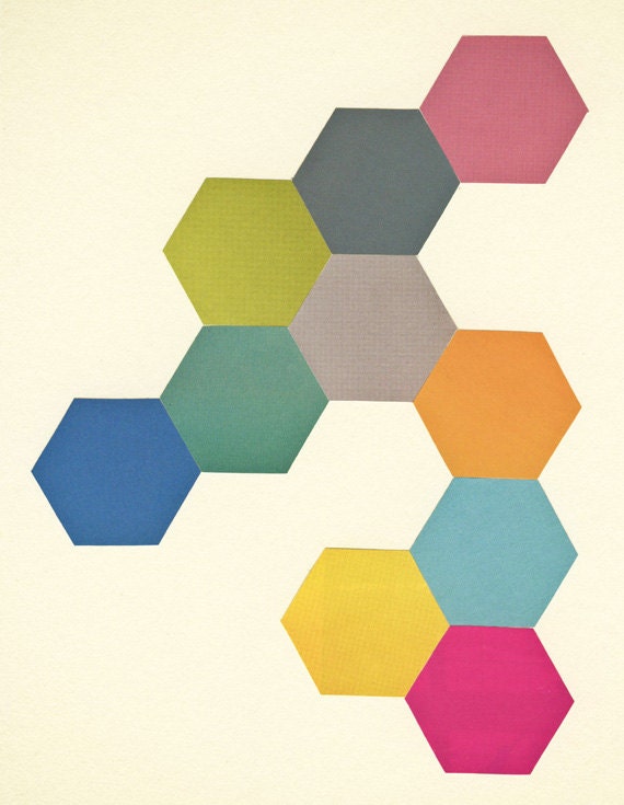 Honeycomb - Geometric collage, abstract art, mid century modern, hexagon, minimalist, simple shapes, muted colors 8x10" Giclee Print