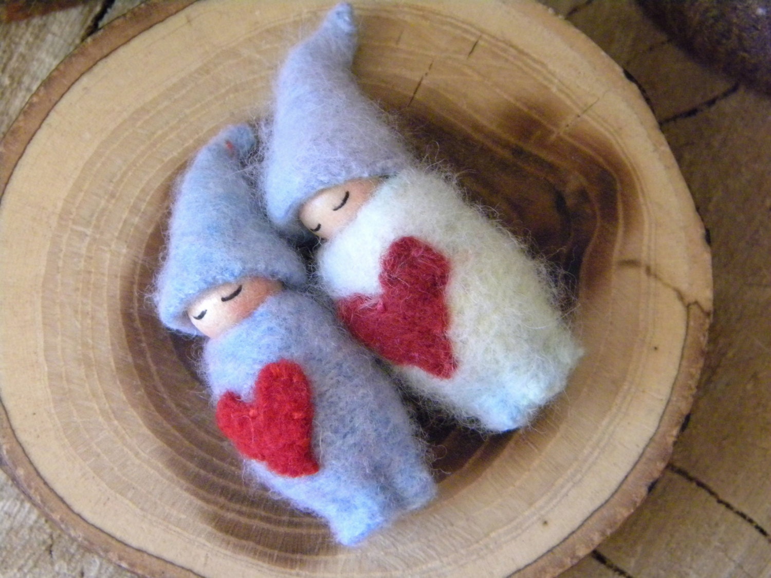 Valentine Gnome Babies, Waldorf Toy, Ornament, Necklace, Red Heart, Waldorf Baby, Wearable Doll, Winter, red, blue, blue green