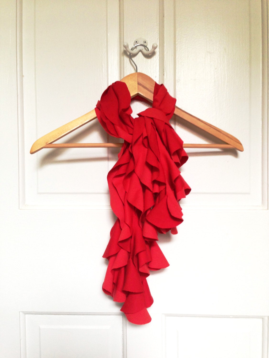 Ruffled T Shirt Scarf, Upcycled tshirt, Bright Red, Domino's series