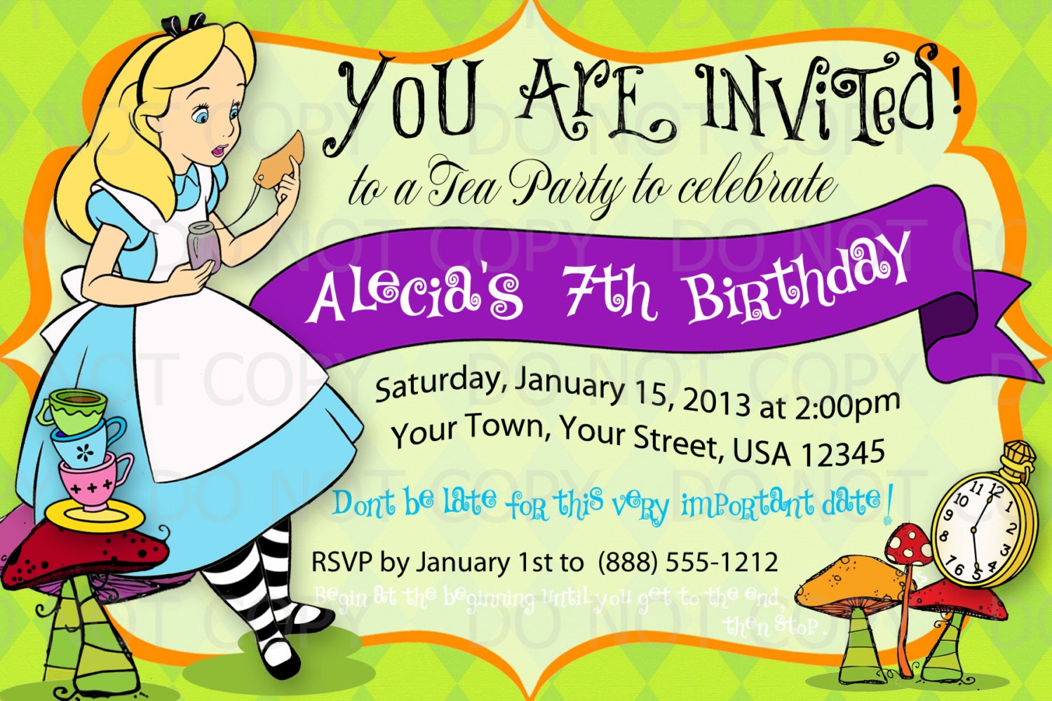 Printable DIY Alice in Wonderland Inspired Birthday Party Invitations