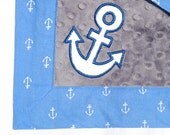 Nautical Baby Blanket- Michael Miller Blue Anchors Away with Charcoal Gray Minky and Applique Anchor - Ready to Ship