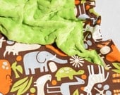 Gender Neutral Baby Blanket - Chocolate Brown 2D Zoo with Jade Green Minky - Ready to Ship