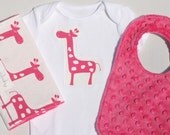 Welcome Baby Gift Set - Onesie, Baby Bib and Burp Cloth Set - Fuchsia Pink Minky and Premier Prints Giraffe - Ready to Ship