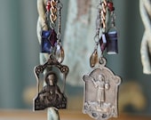French Beauties--Vintage Rosary Gemstone Antique French Holy Medal EARRINGS