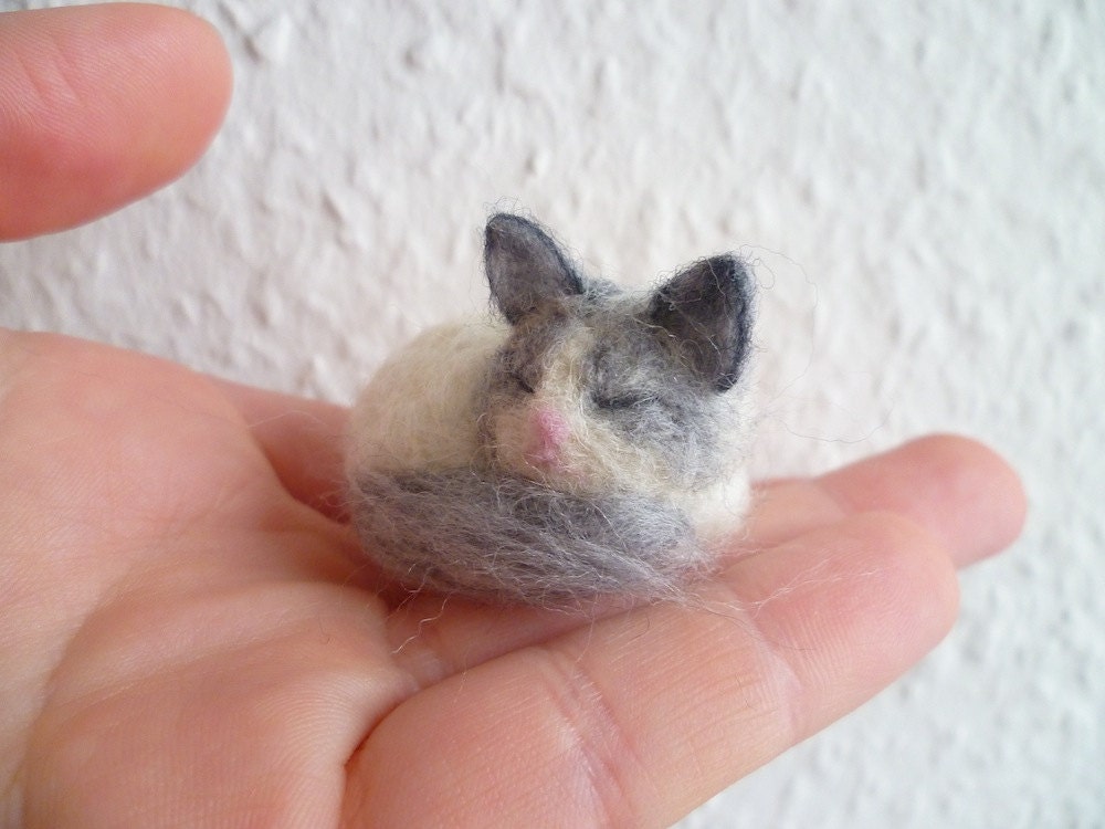 Sleeping grey and white long haired Cat - needlefelted sculpture - miniature pet model - made to order animal collectible soft sculpture - TheGreedyCrocodile