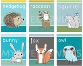 Woodland Animal Series: Six 8x10 Prints of Squirrel, Raccoon, Owl, Hedgehog, Bunny, Fox