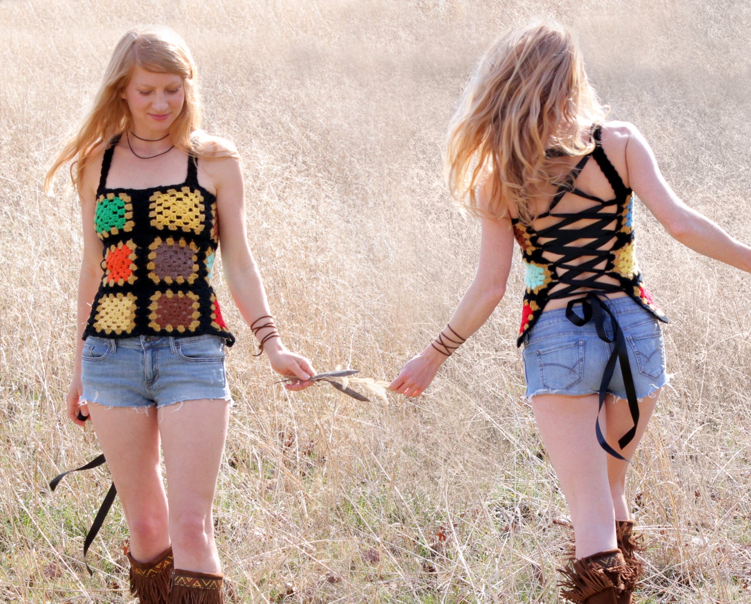 Corset Back Crochet Tank Top Shirt Lined Colorful Hippie Boho Granny Squares OOAK One Size Fits All