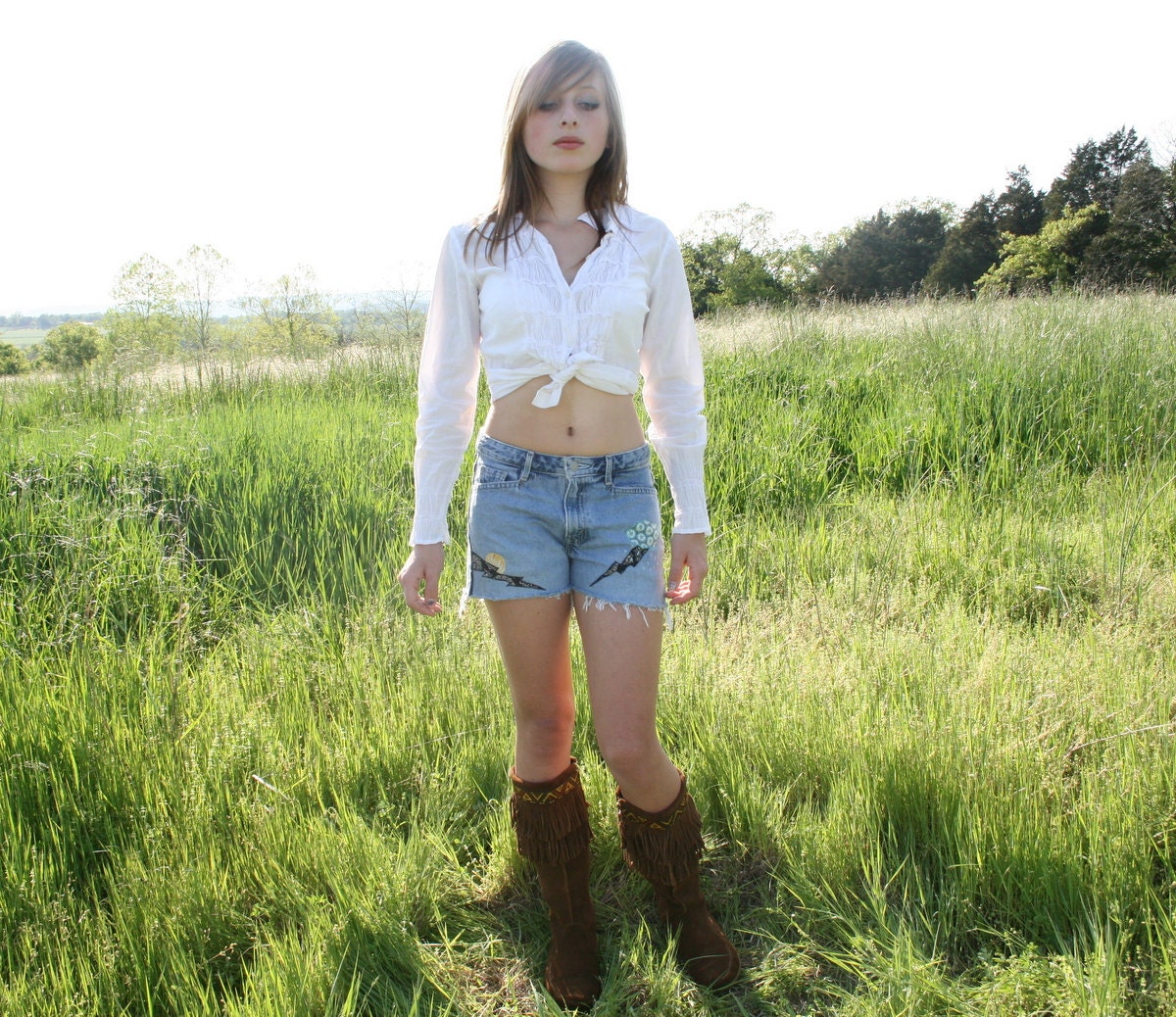 Upcycled LEVIS Jean Shorts Cut Offs THUNDERBOLT Design Hippie Boho One of a Kind S Silver Tab