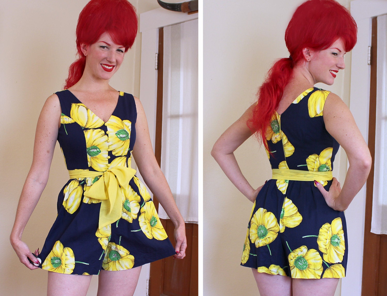 TOO CUTE Early 1960's Rich Cotton Hourglass Sun Suit Romper w/ Tie Belt by Charm of Hollywood - Large Yellow Poppy Print - Pinup - Size M