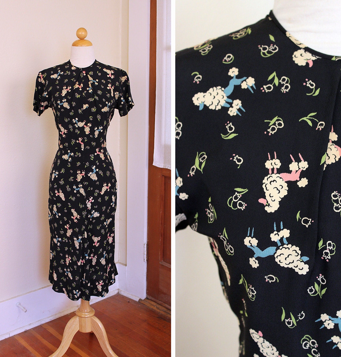 THE BEST 1940's Pink & Aqua Pretty Poodle Dog Novelty Print Rayon Hourglass Cocktail Dress - Pleated Neckline - Swing - Rare - VLV - Size M