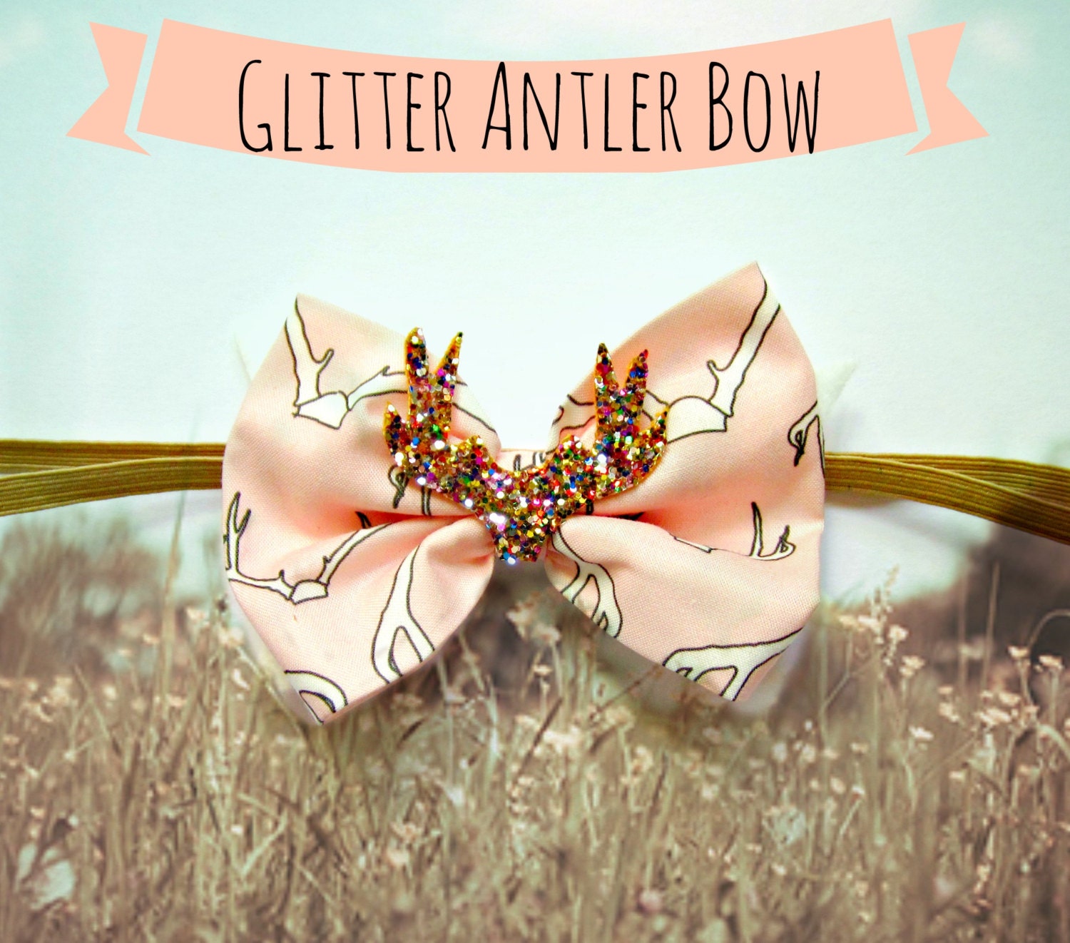Baby Bow Headband - Antler fabric bow headband with glitter antlers, FALL 2013