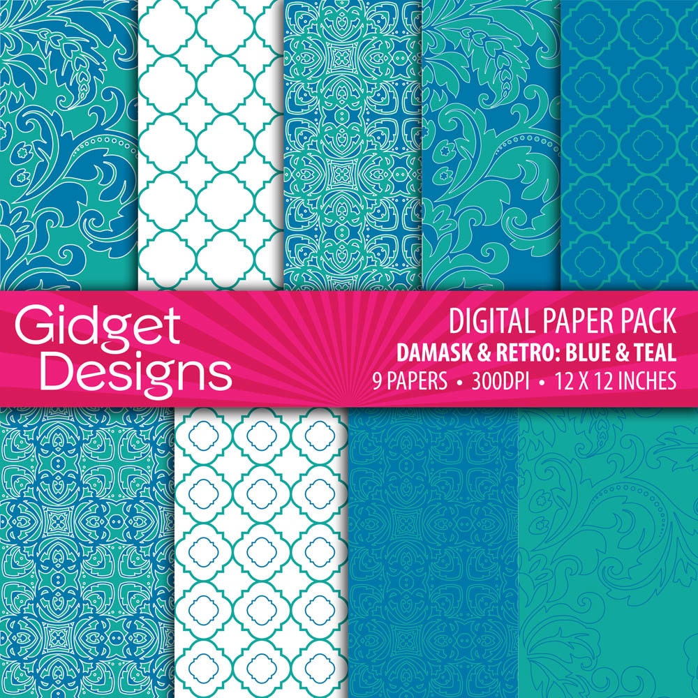 INSTANT DOWNLOAD Digital Paper Pack: Damasks & Retro - Teal and Blue