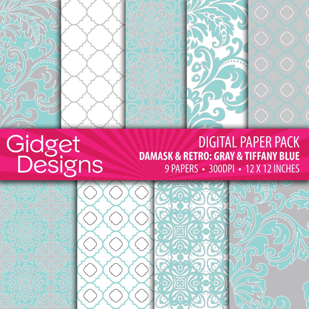 INSTANT DOWNLOAD Digital Paper Pack: Damasks & Retro - Tiffany Blue and Gray