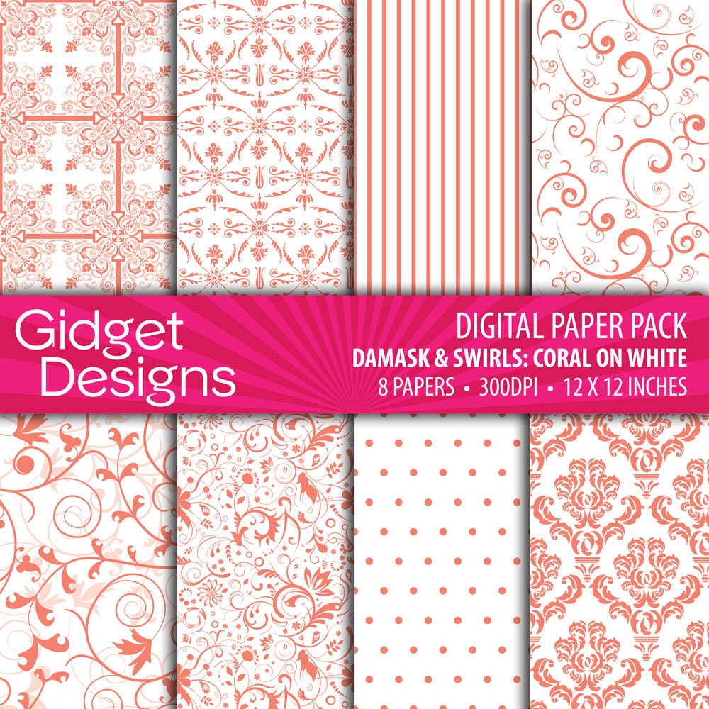 INSTANT DOWNLOAD Digital Paper Pack: Damasks & Swirls - Coral / Ember Glow on White