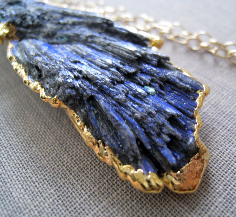 Peacock blue Druzy necklace, gold dipped Kyanite pendant necklace, gold edged, organic gemstone,