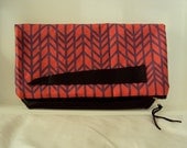 Coral and Purple Herringbone print clutch w/ black leather