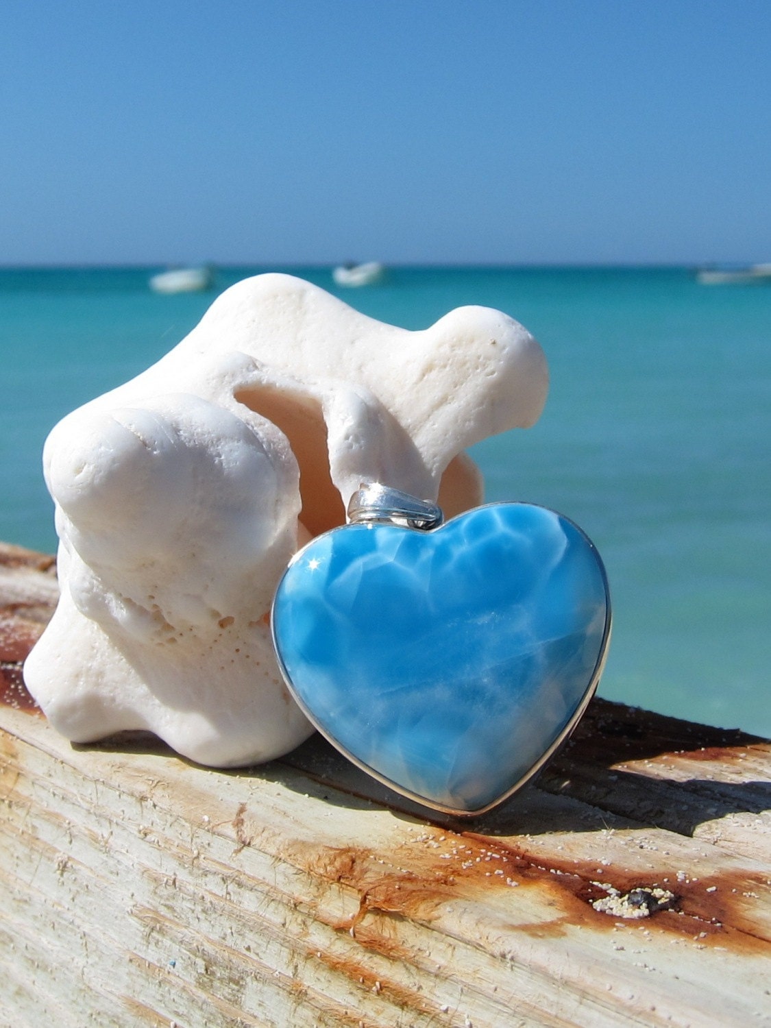 Big Larimar heart pendant, Love flies above the Clouds - gorgeous cloudy turquoise Larimar stone