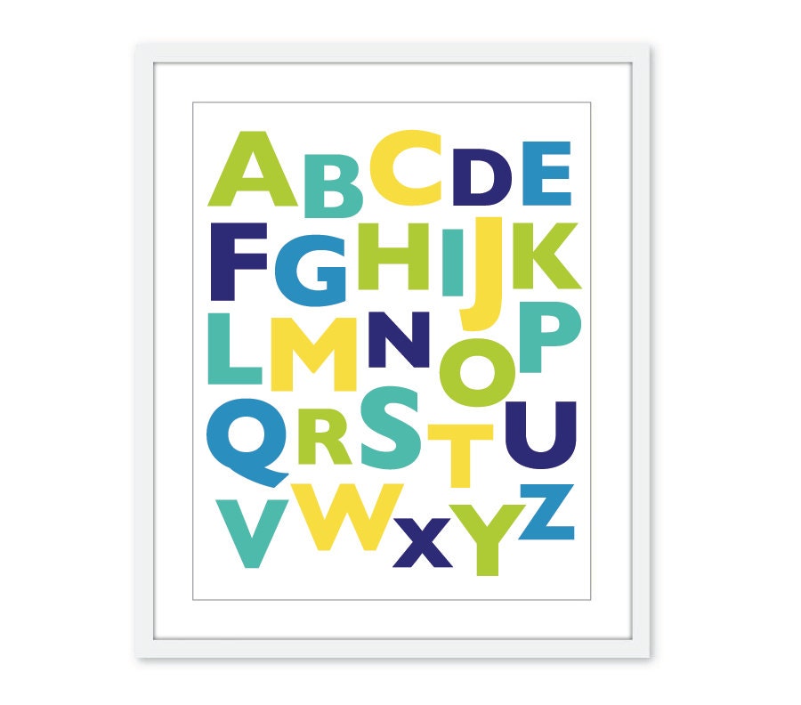 ABC Alphabet Nursery Art Prints - Green Blue Yellow - Typography - Custom Colors - Wall Art Baby Children Decor