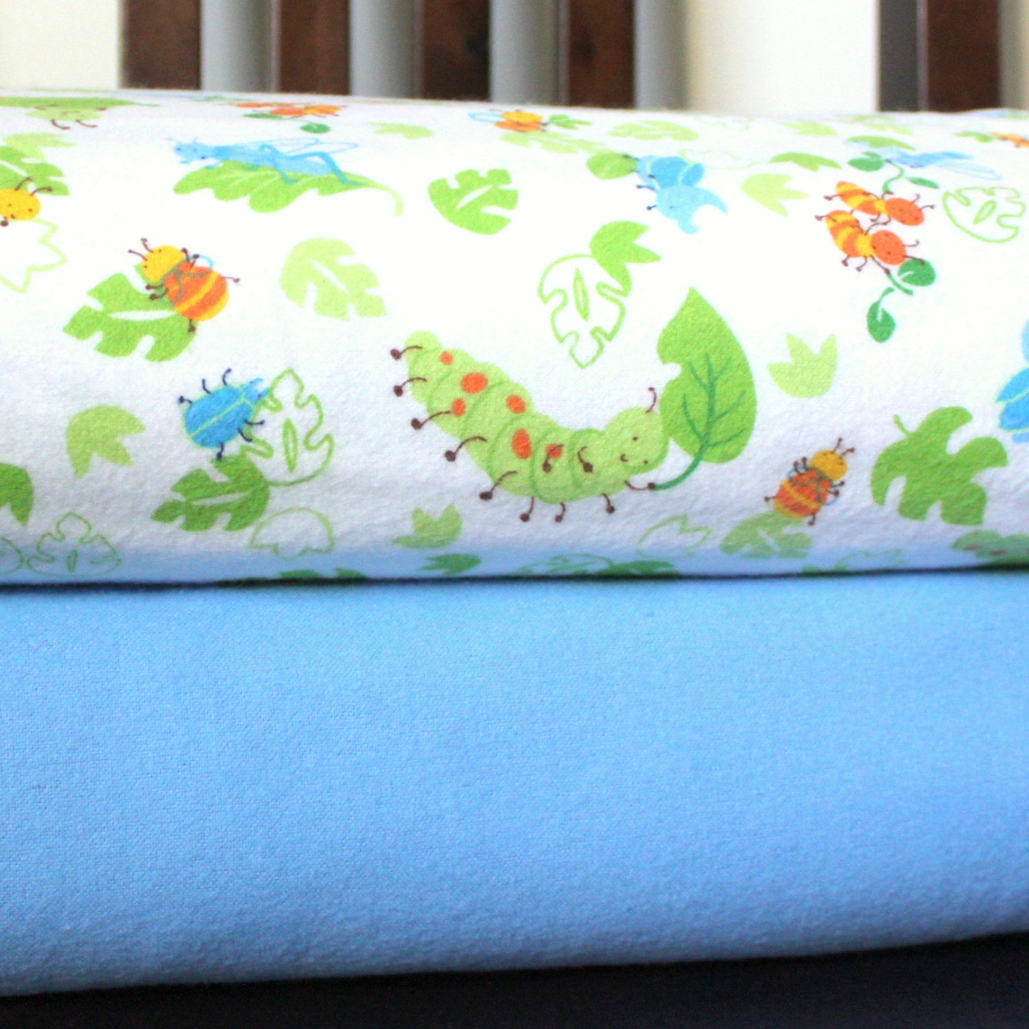 Bright Green and Blue Caterpillar and Solid Blue Flannel Blanket Bundle, 2 Yards