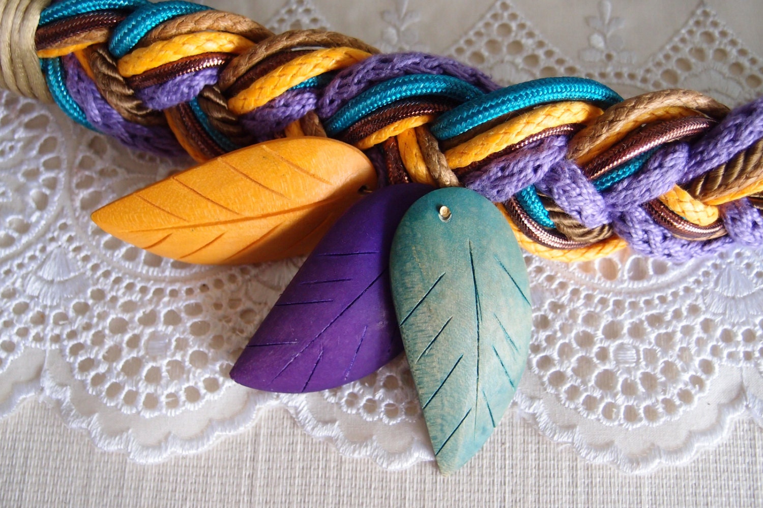 80s Wooden leaf braided belt by Carolyn Tanner ... fits 26-35