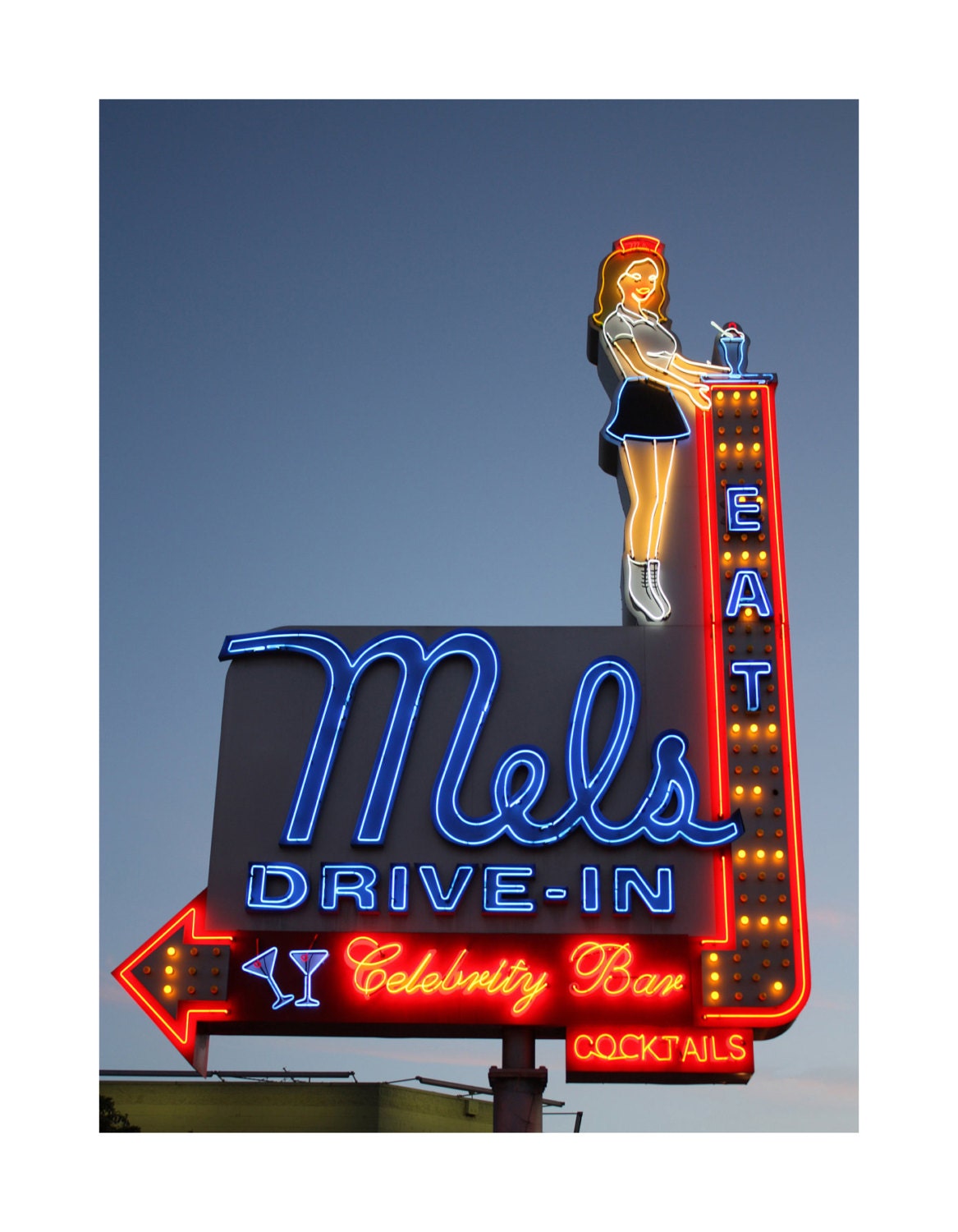 Mel's Drive-In Neon sign, color Photograph, 8x10" with matting